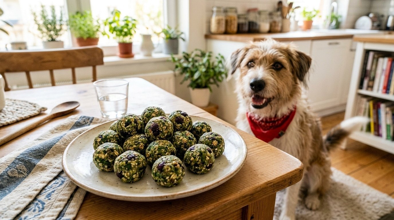 Nutritious blueberry spinach balls for dogs served on a plate, with a happy dog in the background.
