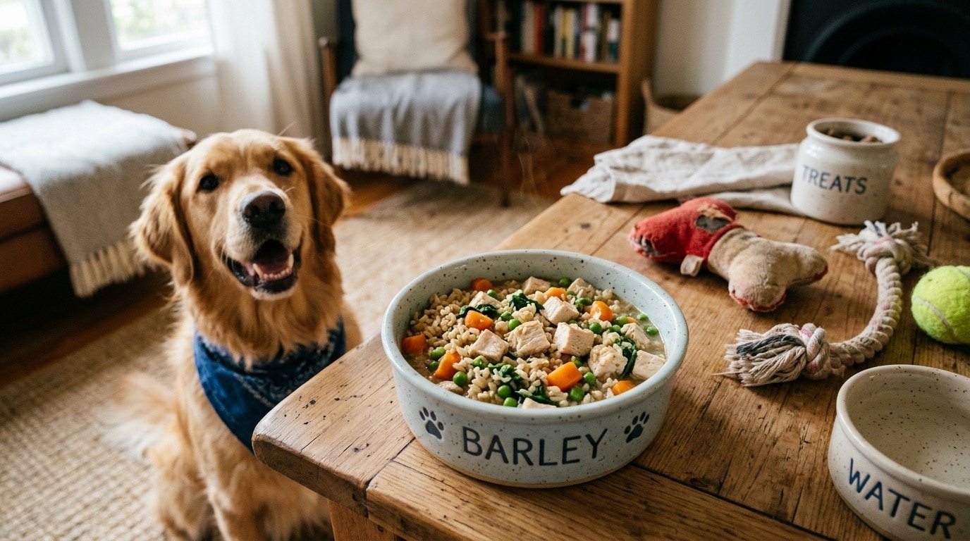 A nutritious serving of Chicken Rice Delight for dogs with chicken, rice, and vegetables in a bowl, placed on a wooden table.