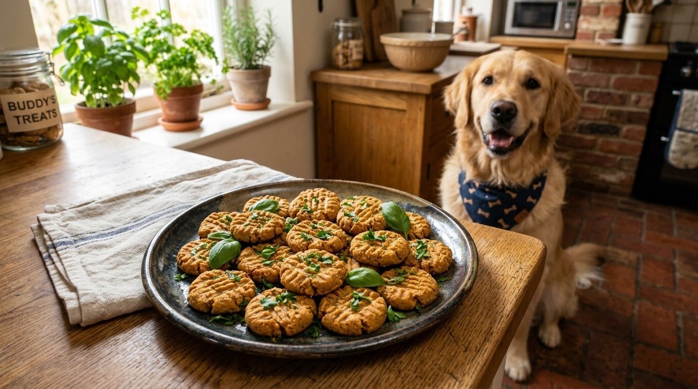 Homemade sweet potato peanut butter rounds for dogs, displayed on a plate with a dog looking at the treats.