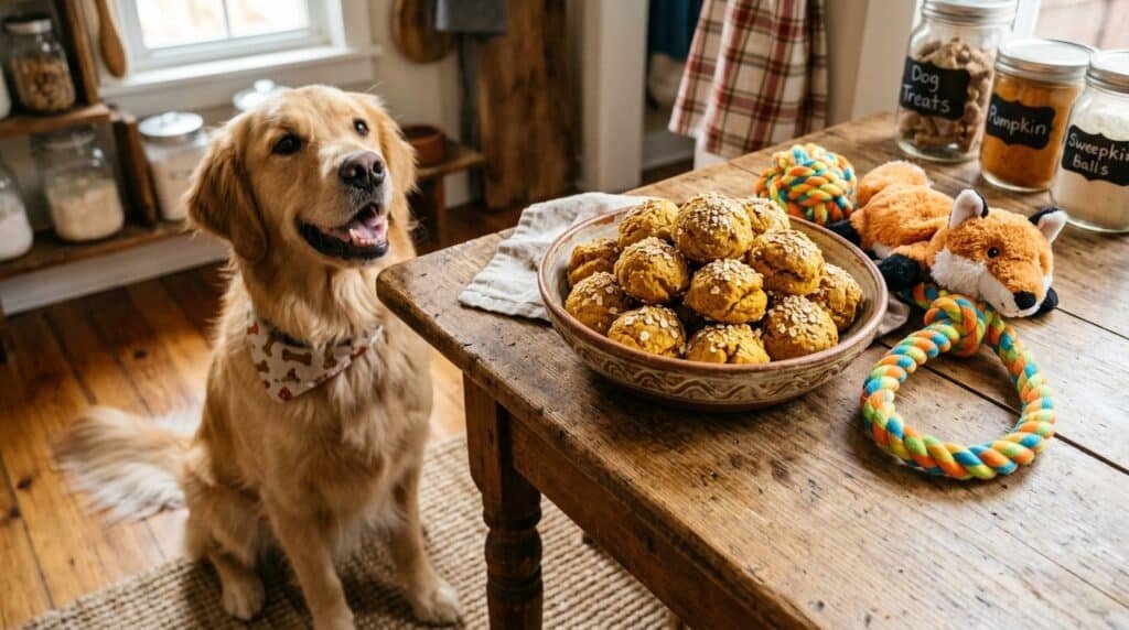 Baked sweet potato pumpkin balls for dogs on a wooden table with a playful dog in the background.