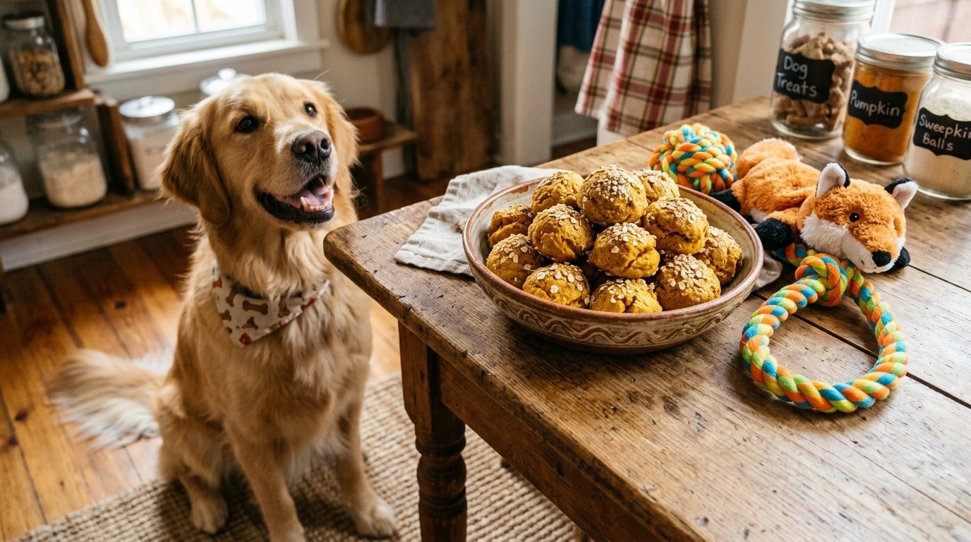 Baked sweet potato pumpkin balls for dogs on a wooden table with a playful dog in the background.