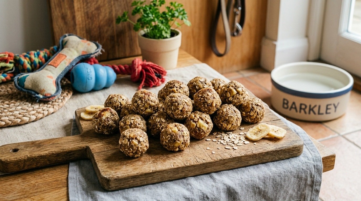 An array of banana oat bliss balls for dogs on a cutting board with dog toys in the background.