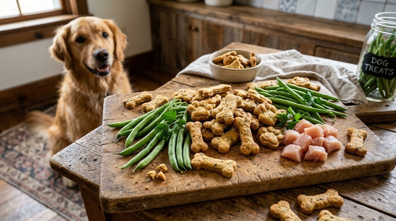 Homemade green bean and chicken dog treats on a wooden board with fresh ingredients.