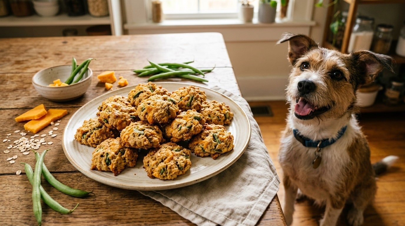 Homemade green bean and cheddar dog biscuits on a plate, with green beans and cheese around them, and an excited dog in the background.