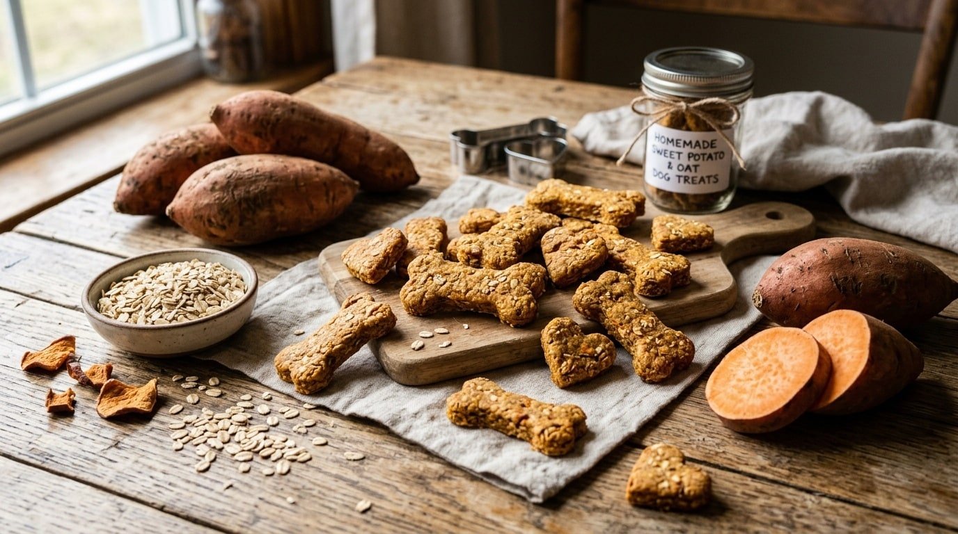Homemade sweet potato oatmeal dog treats shaped like bones and hearts on a wooden table with sweet potatoes and oats.