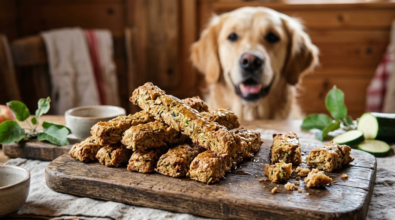 Homemade apple zucchini chew sticks for dogs on a wooden plate, with a playful dog in the background.