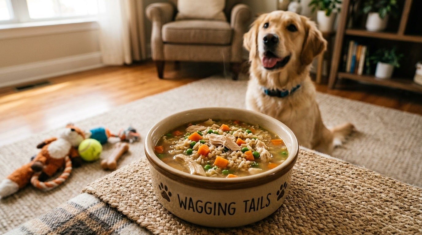 A bowl of homemade dog food soup with chicken, brown rice, and vegetables, set against a playful pet backdrop.