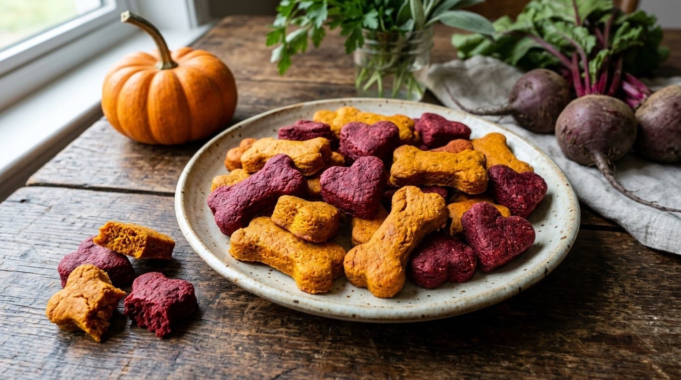 A selection of homemade pumpkin beet dental chews for dogs on a rustic plate, with fresh ingredients in the background.