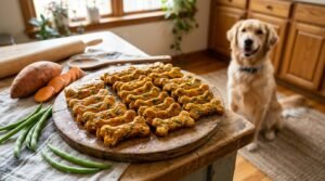 Homemade sweet potato and green bean dog chews arranged on a platter, with fresh ingredients in the background.