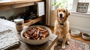 Homemade beef and sweet potato dog chews arranged on a kitchen counter, with a joyful dog in the background.