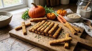 Baked carrot and pumpkin snack sticks for dogs displayed on a cutting board with carrots and pumpkins.