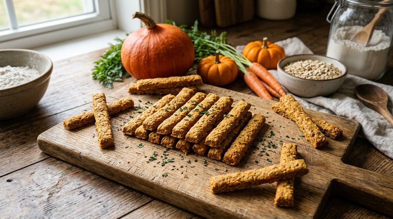 Baked carrot and pumpkin snack sticks for dogs displayed on a cutting board with carrots and pumpkins.