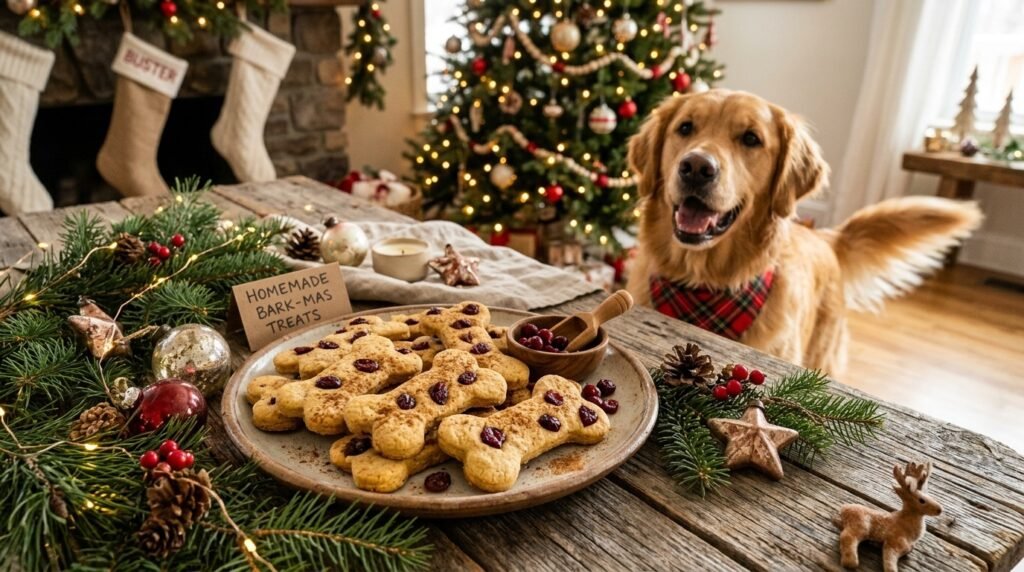 Homemade holiday pumpkin cranberry dog treats on a wooden table with festive decorations.