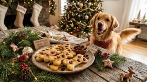 Homemade holiday pumpkin cranberry dog treats on a wooden table with festive decorations.