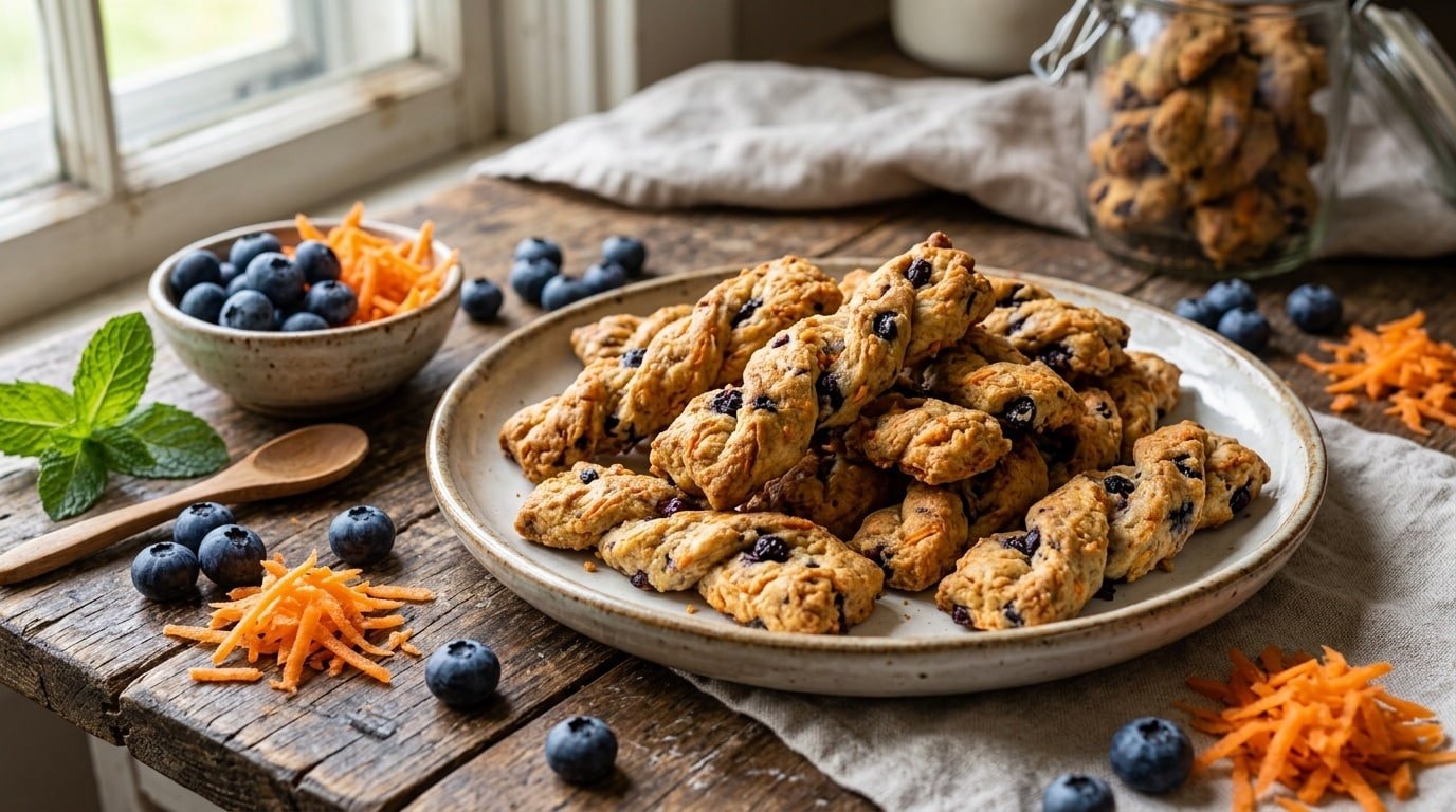 A plate of golden-brown blueberry carrot twists for dogs with blueberries and carrots on a wooden surface.