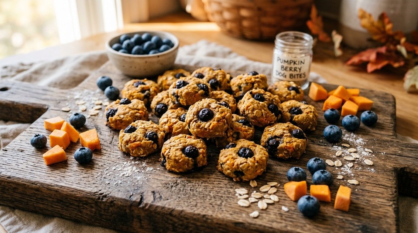 Homemade pumpkin blueberry bites for dogs on a wooden table with blueberries and pumpkin pieces.