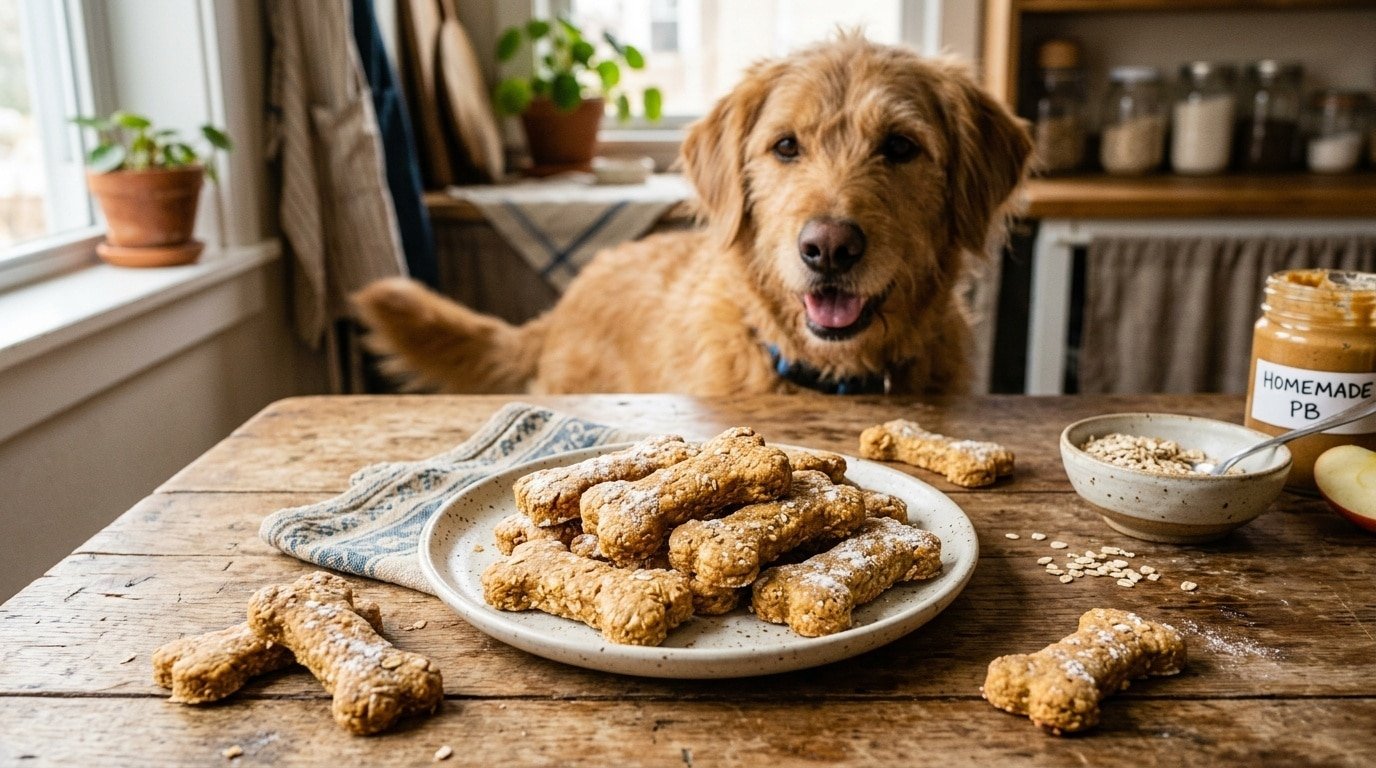Homemade apple peanut butter dog bones on a plate with a dog in the background.