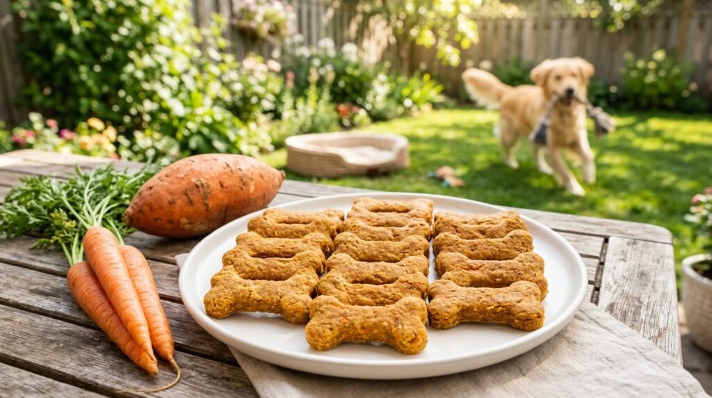 Homemade carrot and sweet potato dog chews shaped like bones on a plate, with fresh carrots and sweet potato in the background.
