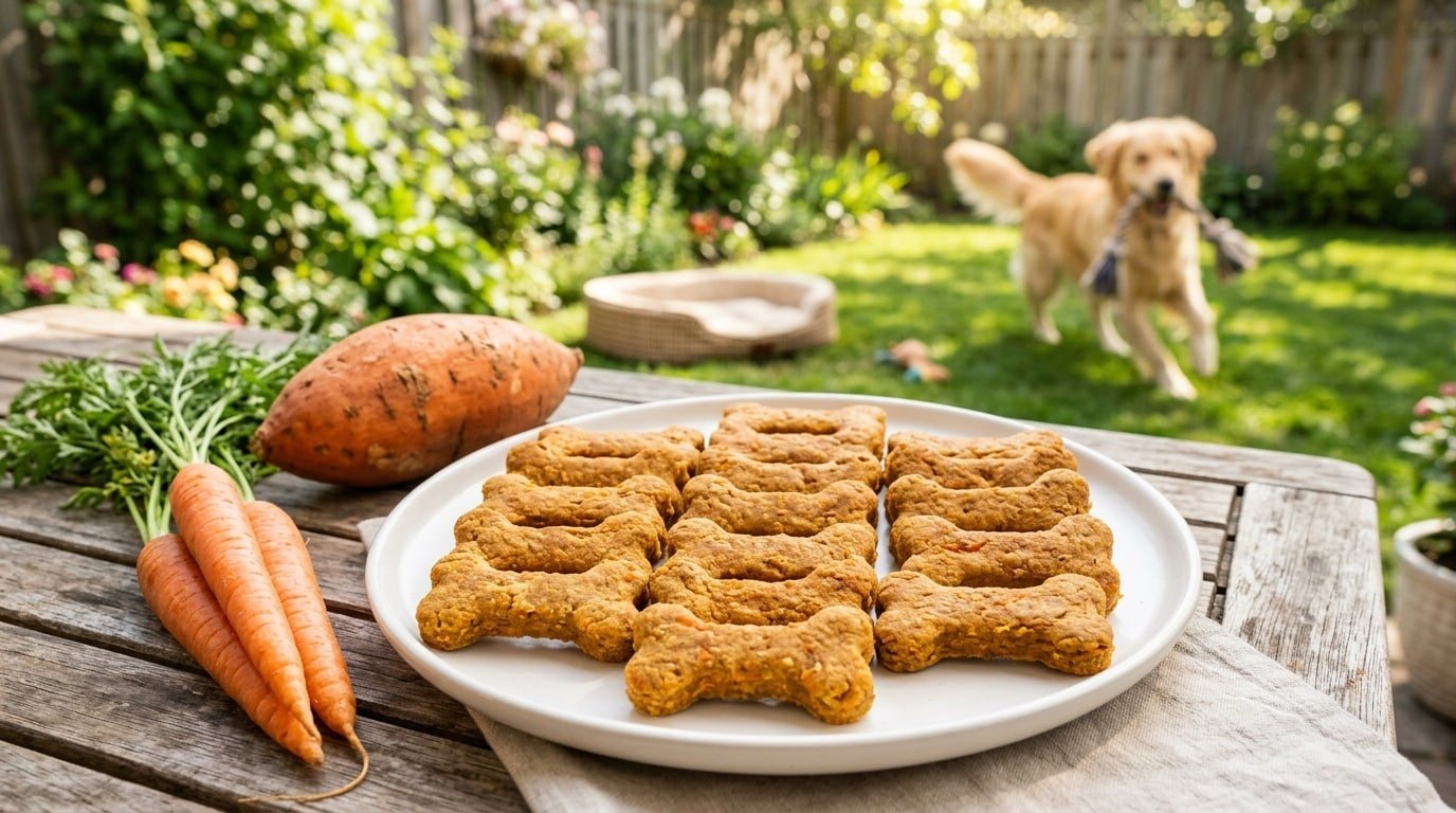 Homemade carrot and sweet potato dog chews shaped like bones on a plate, with fresh carrots and sweet potato in the background.