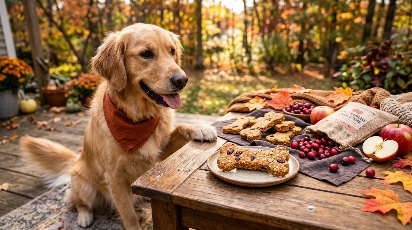 A happy dog with an apple cranberry dental stick on a wooden table with fresh apples and cranberries.