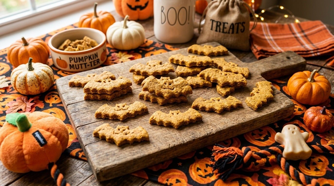 Bat-shaped pumpkin and peanut butter dog treats on a Halloween-themed display with pumpkins.