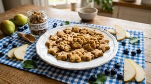A plate of pear and blueberry dog treats in fun shapes, garnished with fresh fruits.
