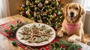 Homemade apple and blueberry dog treats in festive shapes on a holiday plate, with a dog nearby.