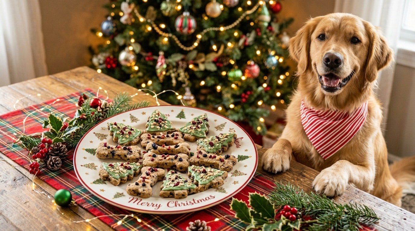 Homemade apple and blueberry dog treats in festive shapes on a holiday plate, with a dog nearby.