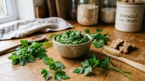 A bowl of parsley mint teeth cleaner for dogs with fresh herbs and a pet dental brush.