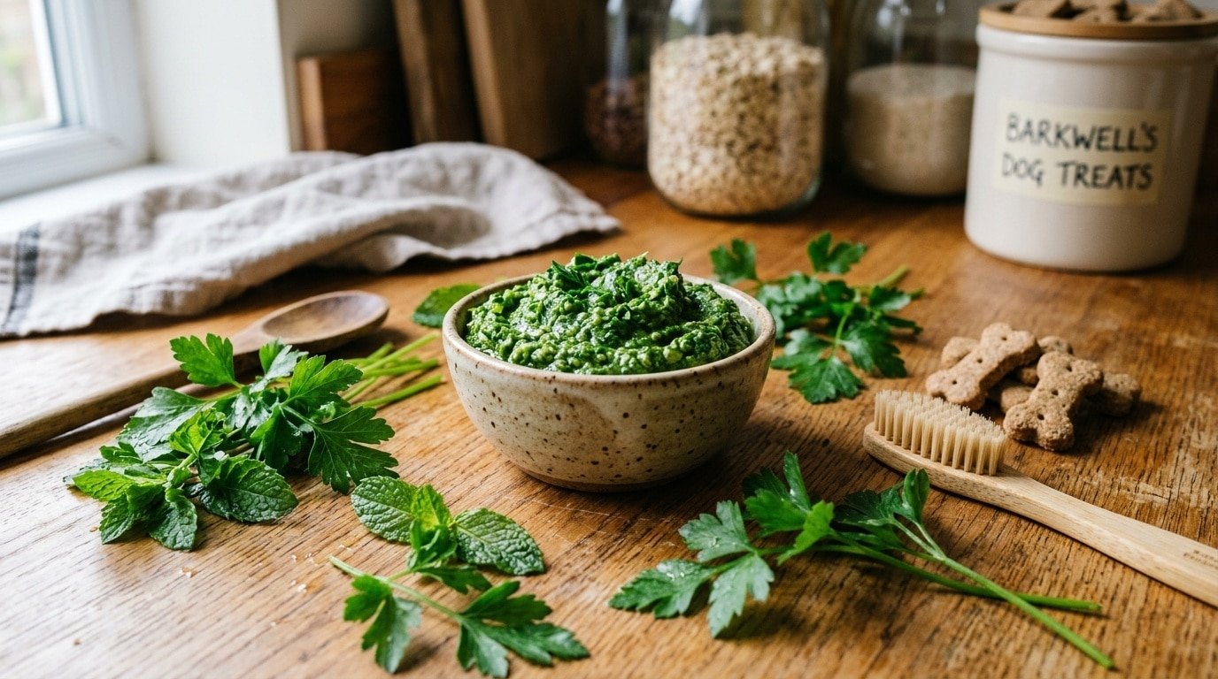 A bowl of parsley mint teeth cleaner for dogs with fresh herbs and a pet dental brush.