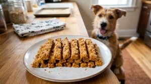 A plate of sweet potato and apple chewy sticks for dogs, with a dog in the background, eagerly waiting.