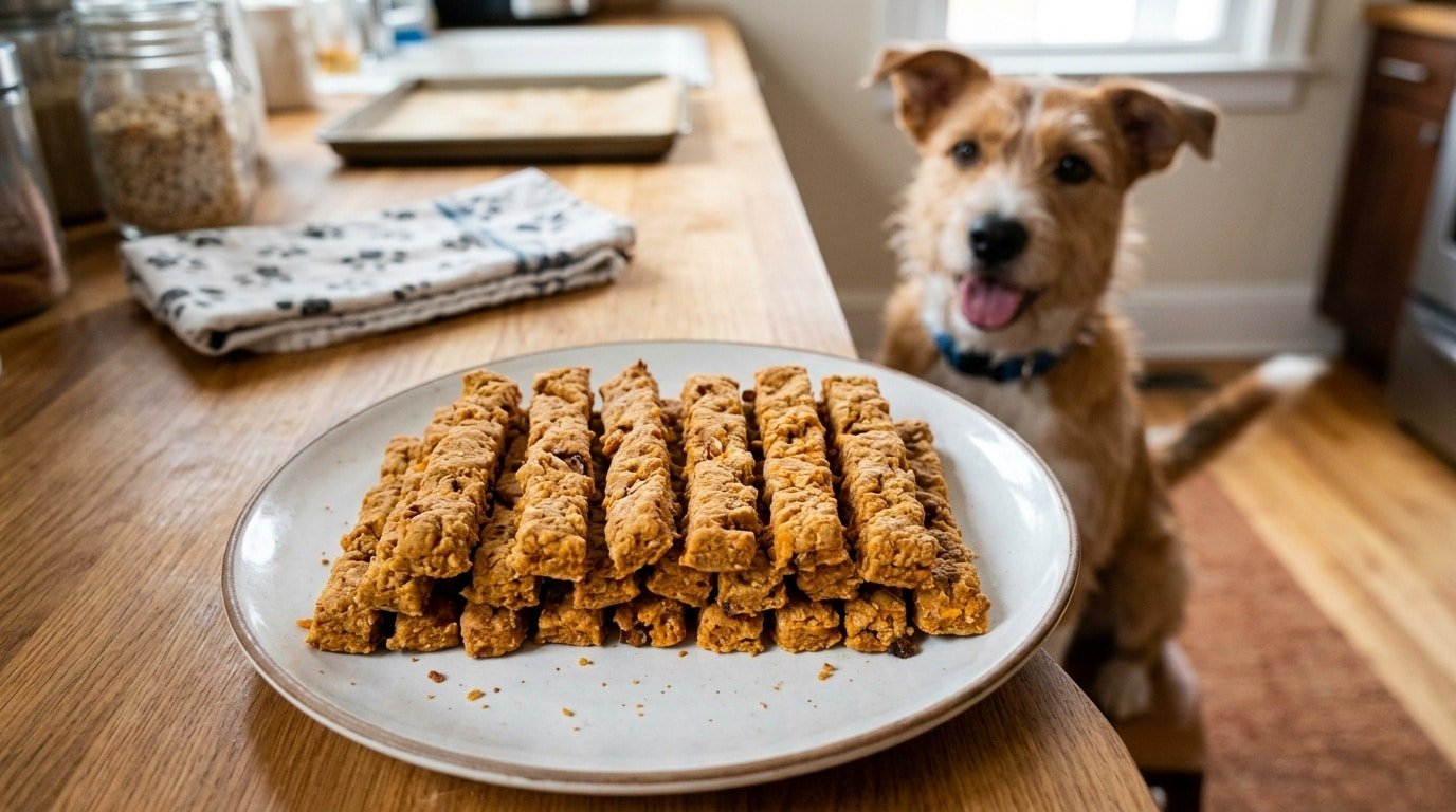 A plate of sweet potato and apple chewy sticks for dogs, with a dog in the background, eagerly waiting.