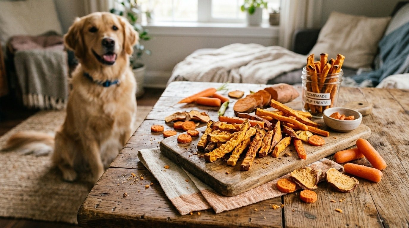 Bright and crunchy homemade sweet potato and carrot sticks for dogs, served on a rustic wooden table, with a dog in the background.