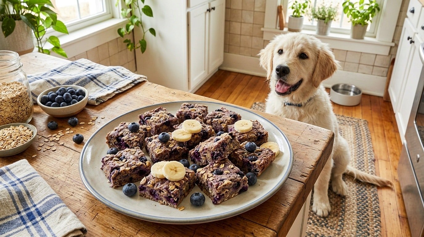 Homemade blueberry banana chewy bars for dogs on a plate, with blueberries and banana slices, and a playful puppy in the background.