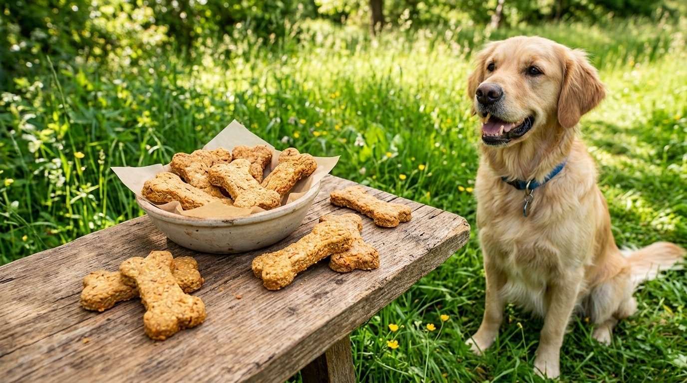 Homemade apple and carrot dog bones arranged on a wooden surface, with a happy dog nearby.