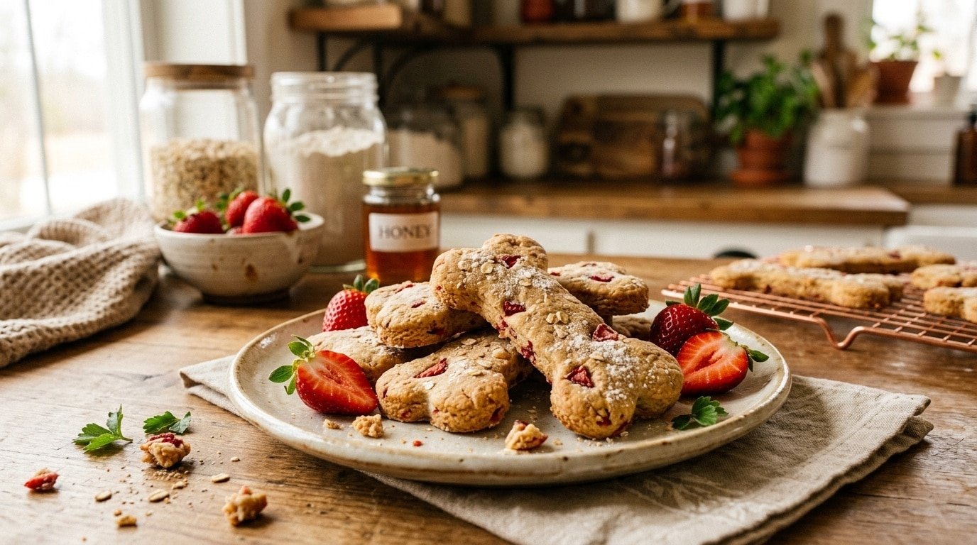 A plate of bone-shaped strawberry and honey dog biscuits with fresh strawberries in a cozy kitchen.
