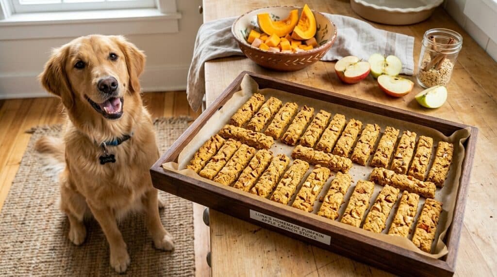 Crunchy pumpkin and apple dog treats arranged on a tray with apple slices and pumpkin in the background.