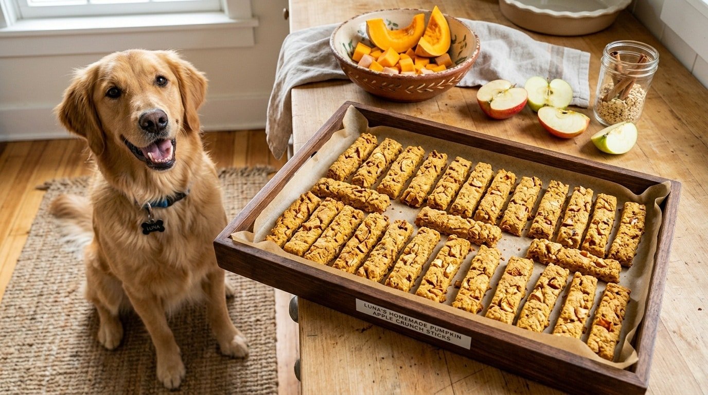 Crunchy pumpkin and apple dog treats arranged on a tray with apple slices and pumpkin in the background.