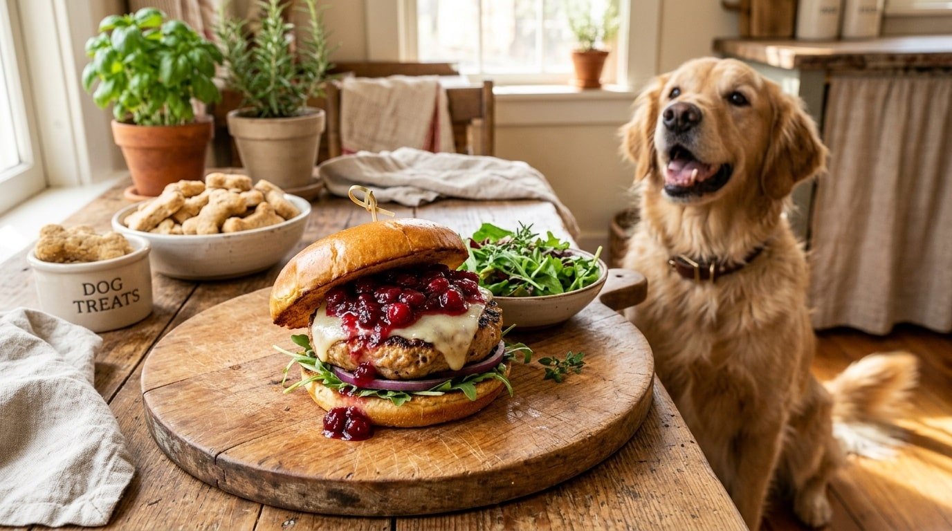 Homemade turkey cranberry burger for dogs on a wooden board, with a happy dog waiting eagerly.