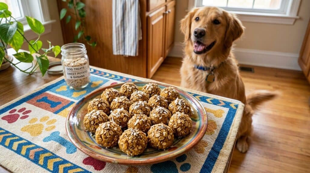 Homemade sweet potato and banana energy balls for dogs on a plate, with a happy dog in the background.