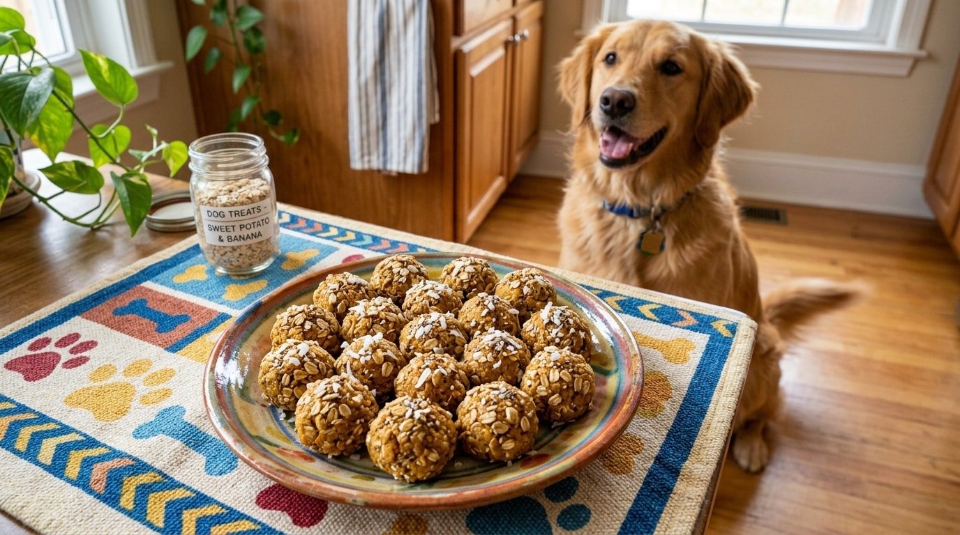 Homemade sweet potato and banana energy balls for dogs on a plate, with a happy dog in the background.