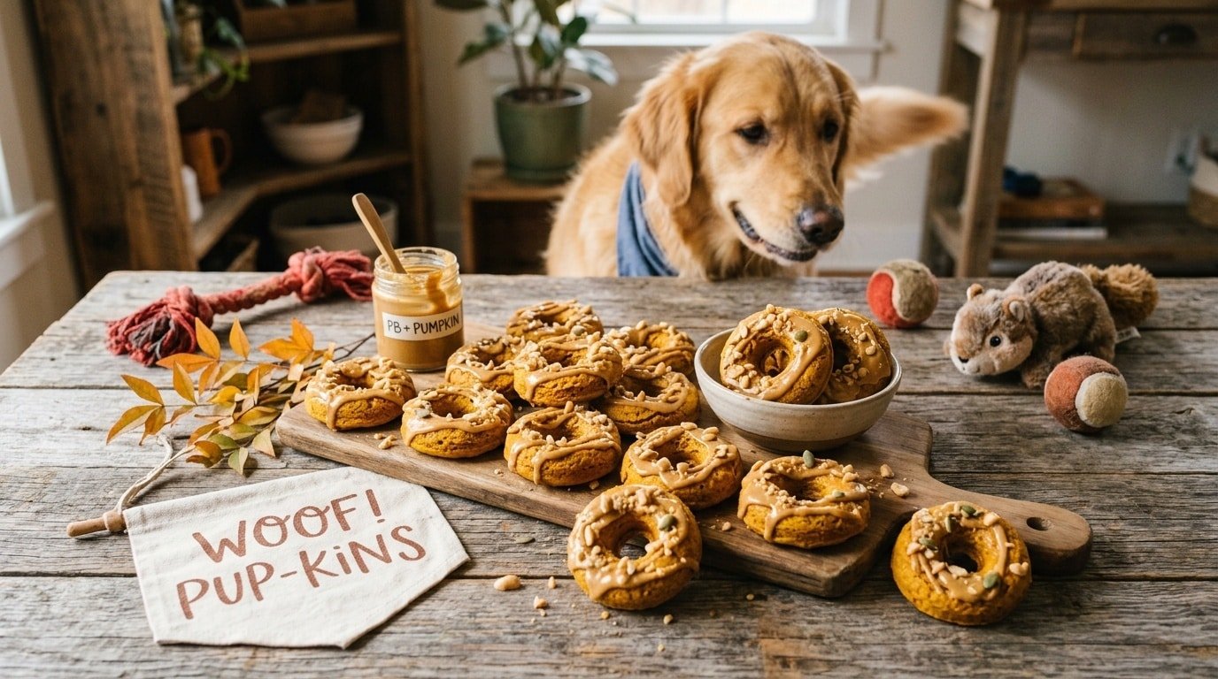 Baked peanut butter pumpkin dog donuts on a wooden table with a curious dog in the background.