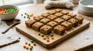 Homemade beef and rice squares for dogs, cut into neat portions, on a wooden surface.