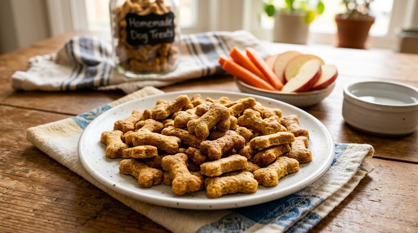 Mini bone-shaped carrot apple treats for dogs, displayed on a plate with fresh apples and carrots.