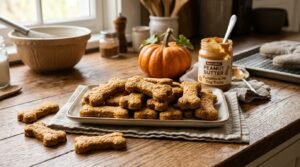 A plate of golden-brown pumpkin peanut butter dog cookies shaped like bones, with pumpkin and peanut butter in the background.