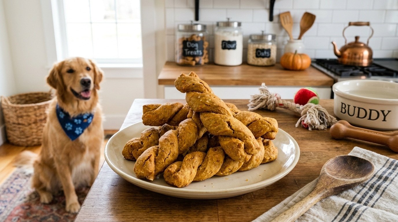Homemade peanut butter pumpkin chew twists for dogs on a plate, in a bright kitchen.