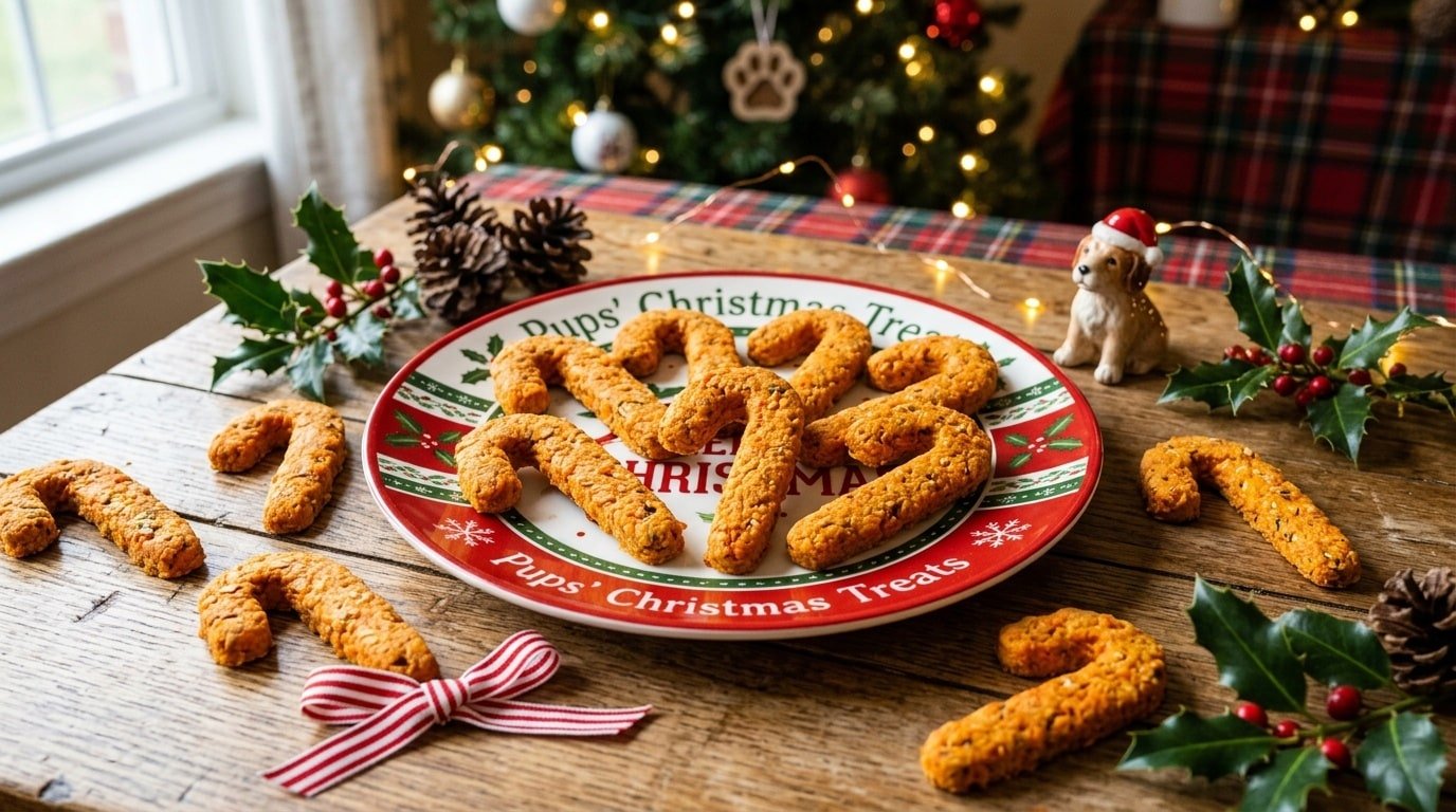 Homemade carrot candy cane-shaped dog treats on a festive plate, set against a holiday-themed background.