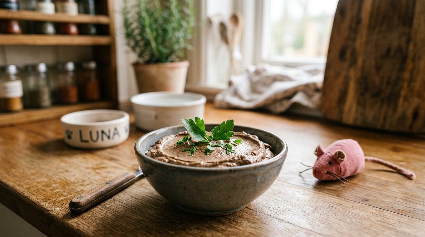 A bowl of homemade chicken liver pâté for cats, garnished with parsley, set in a cozy kitchen.