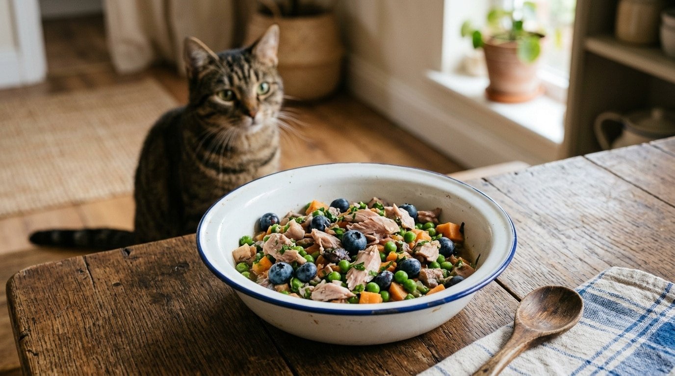 Homemade cat food featuring rabbit, blueberries, and vegetables served in a bowl with a curious cat in the background.