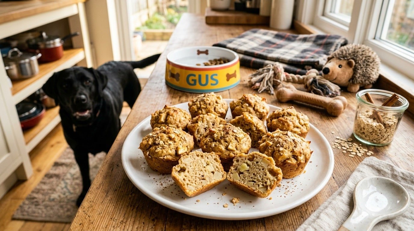 Homemade apple banana muffins for dogs, golden and fluffy, displayed on a plate with dog toys in the background.
